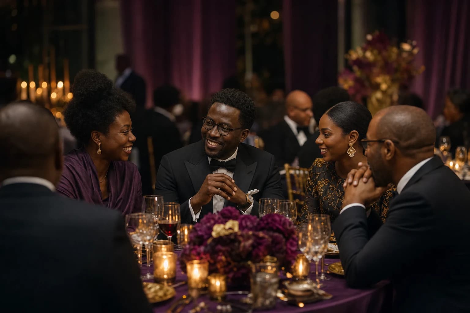Business leaders in conversation at an elegant gala dinner