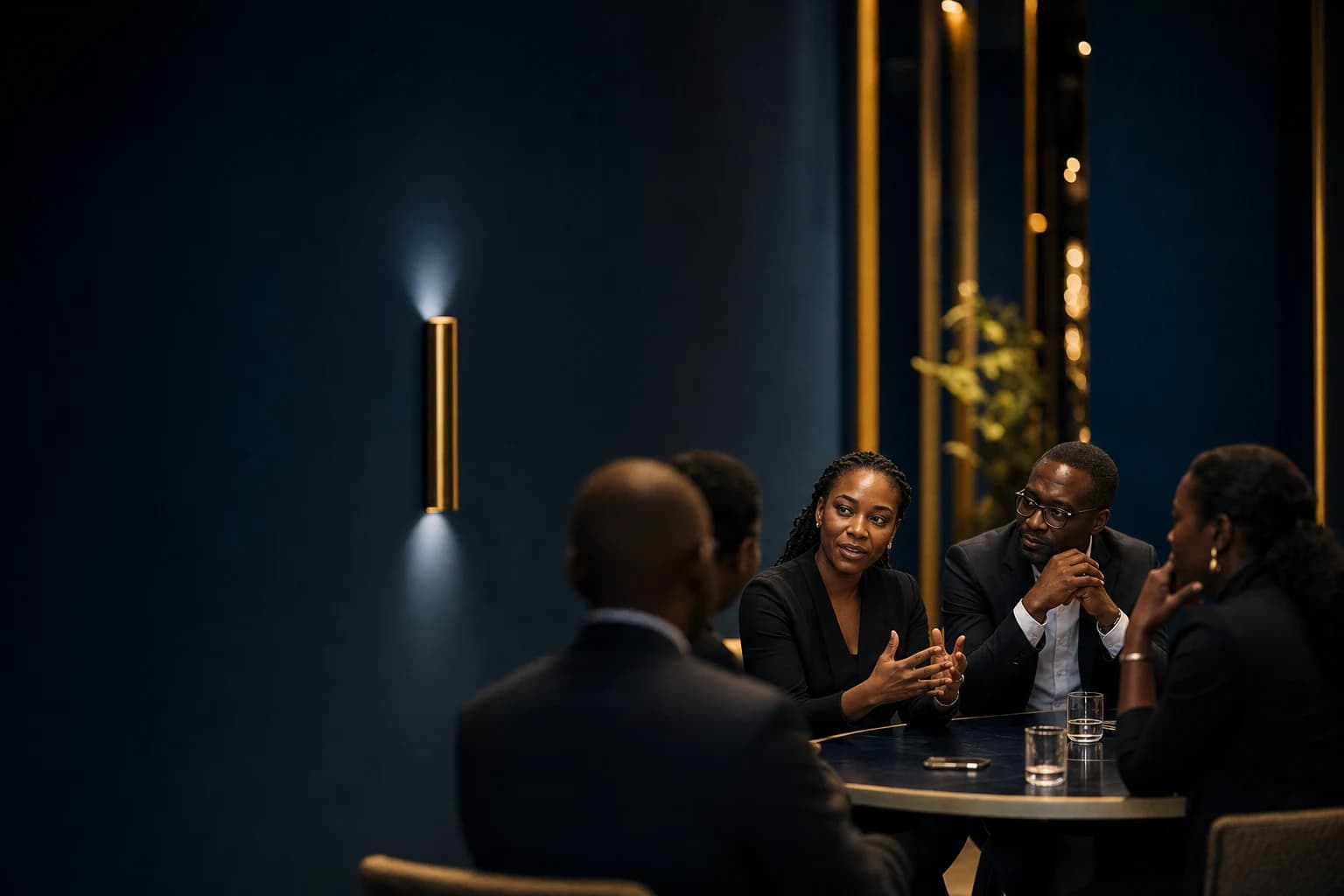 Business leaders sharing a conversation around a table in an elegant gala setting
